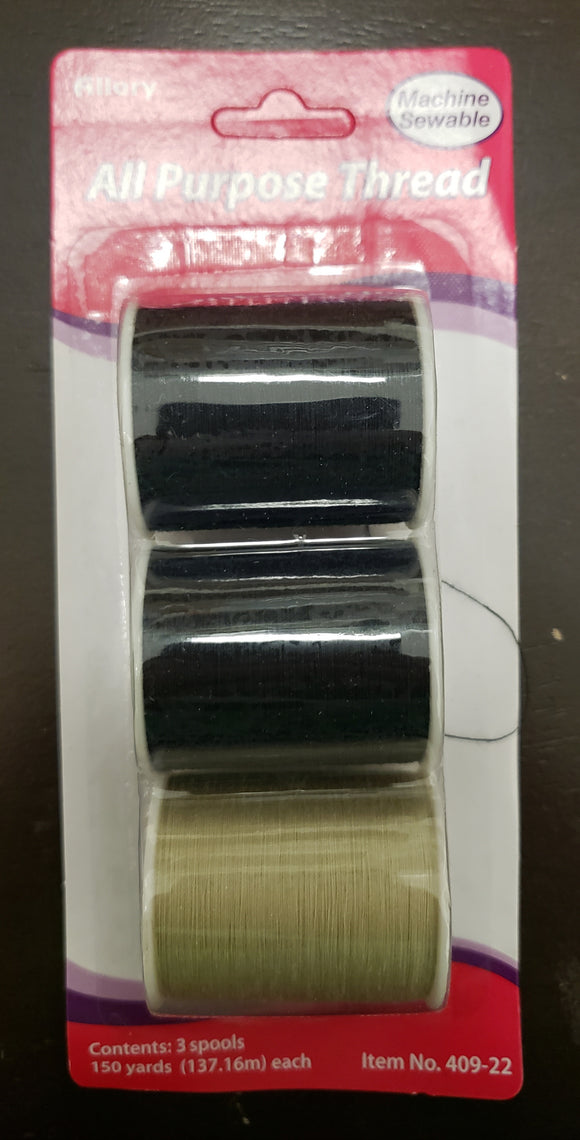 Black and Beige All-Purpose Thread Set -  Three Spools of 150 Yards 2 Black and One Beige